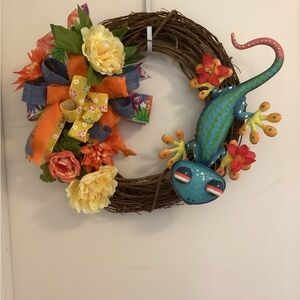 Colorful Floral Wreath with Lizard Accent